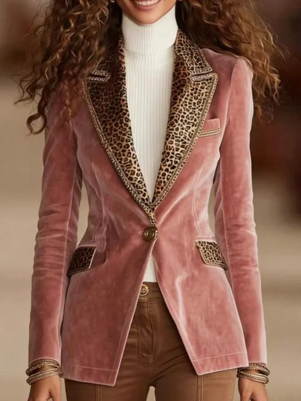Pink Elegant Velvet Women's Blazer with Long Sleeves, Leopard Lapel - Picture 4 of 5